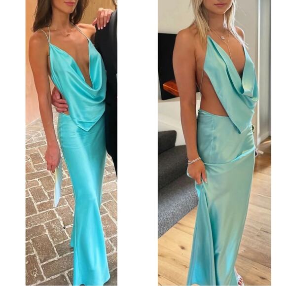 Michael Lo Sordo Iced Bias Draped Asymmetric Silk Maxi Dress in Blue Size 4 - Picture 3 of 12